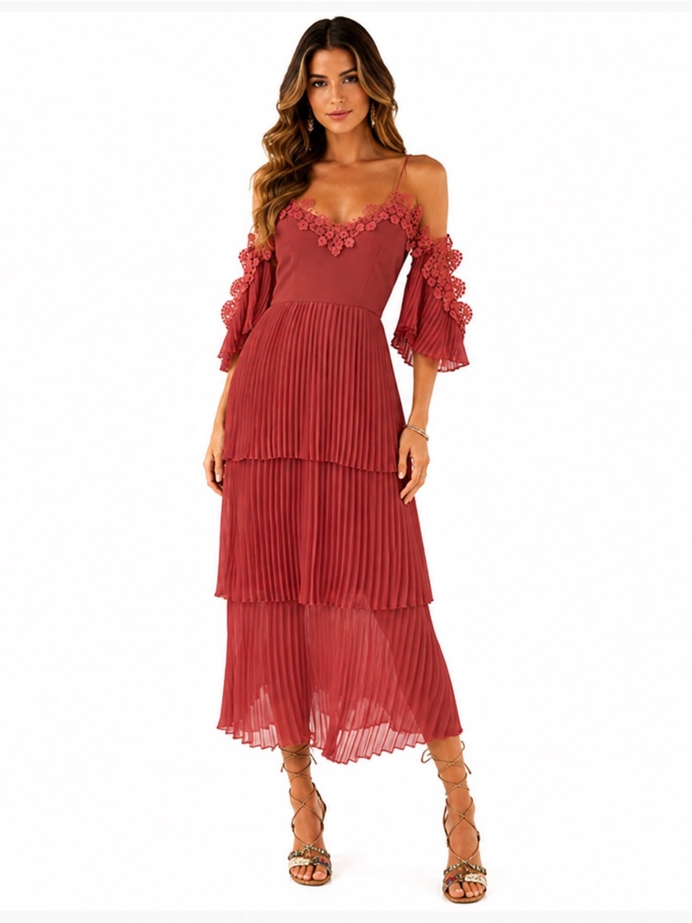 Keepsake the Label Coral Pink Pleated Cold Shoulder Tiered Chiffon Dress Sz XS